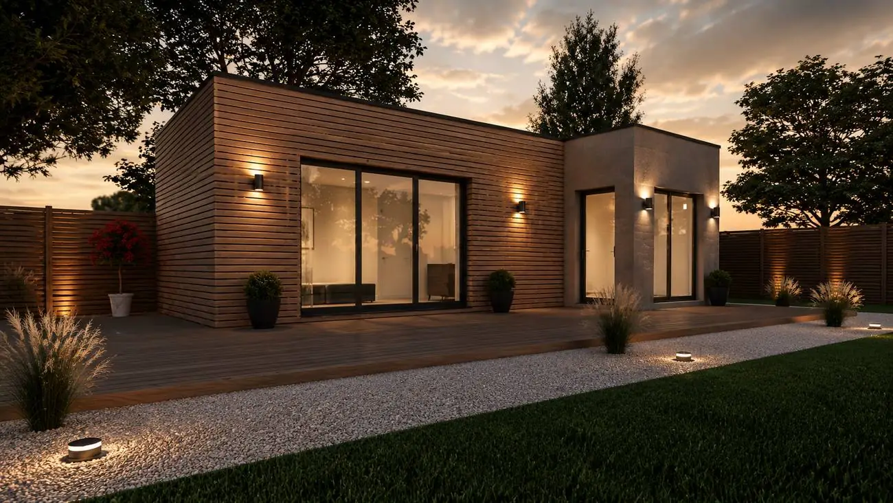 Annexe de jardin en deux volumes, l’un en bardage bois, l’autre en enduit minéral, terrasse en bois et allée de gravier au crépuscule