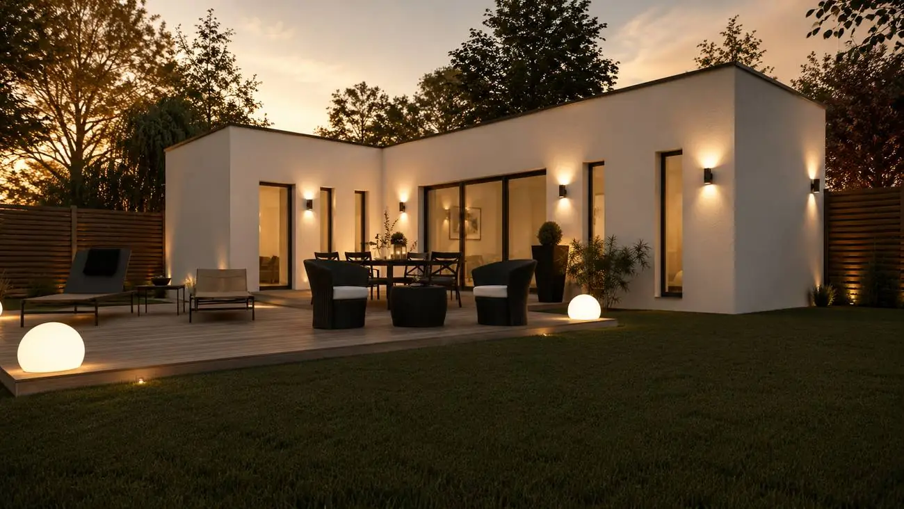 Annexe de plain-pied en L à enduit blanc et toit plat, baies vitrées, terrasse en bois meublée et pelouse au crépuscule