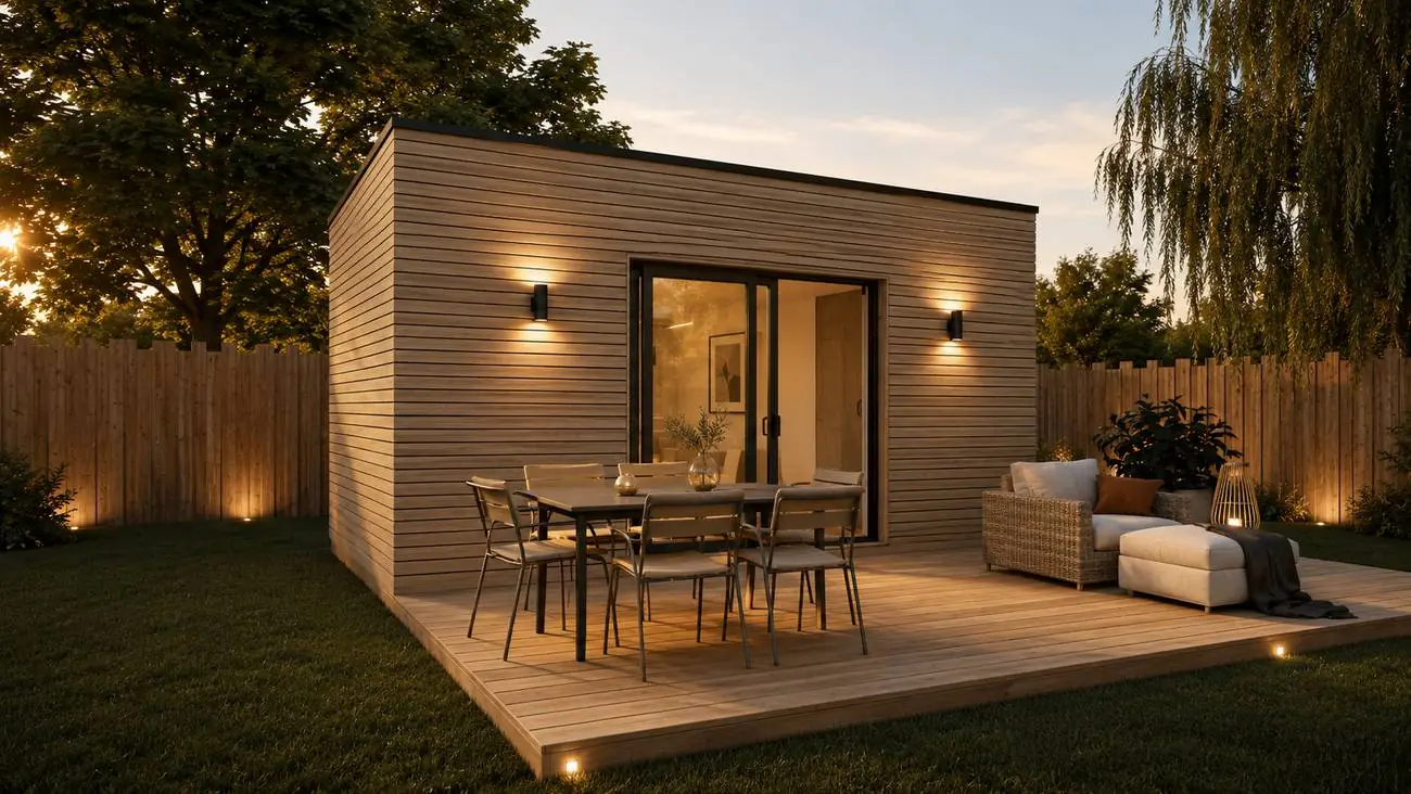 Studio de jardin à bardage bois clair et toit plat, baie coulissante et terrasse en bois meublée, au coucher du soleil