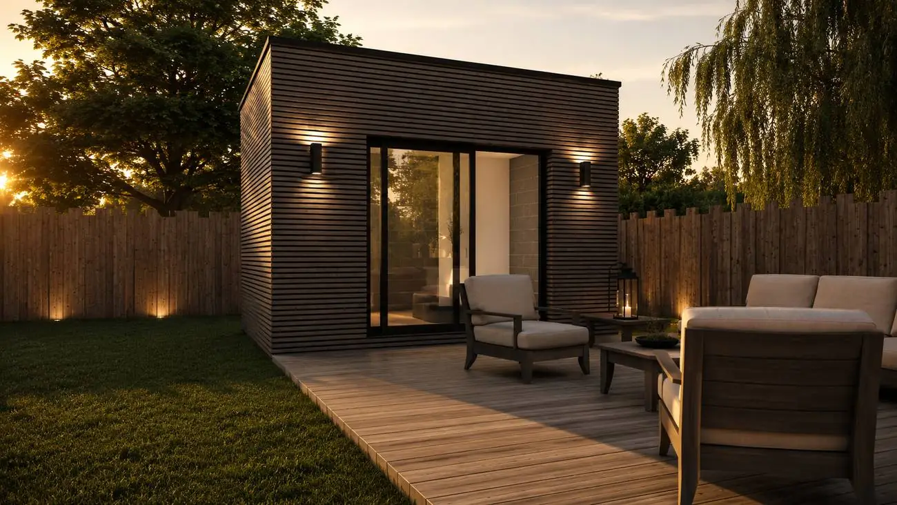 Studio de jardin à bardage bois foncé, grande baie vitrée et terrasse en bois avec fauteuils, au coucher du soleil