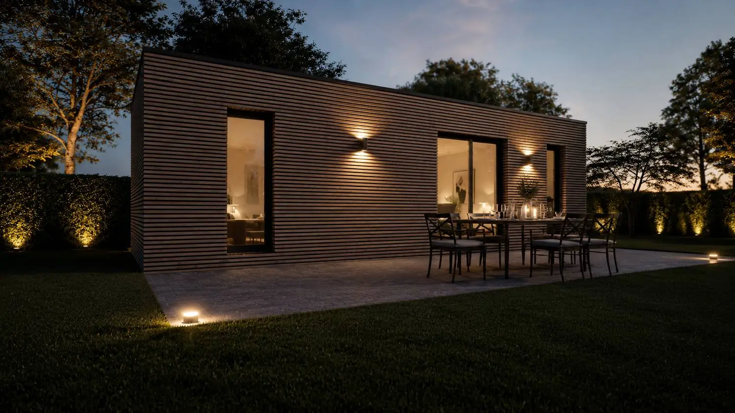 Studio de jardin à bardage bois à claire-voie, fenêtres toute hauteur et terrasse pavée avec table, à la nuit tombée