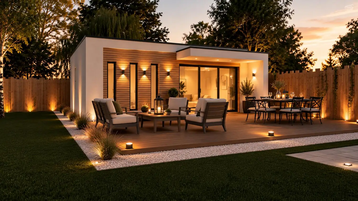 Studio de jardin en enduit blanc et bardage bois, avancée de toit éclairée, baies coulissantes et grande terrasse meublée au crépuscule