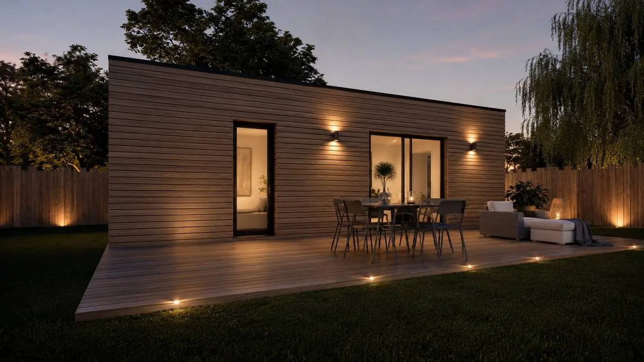 Studio de jardin allongé à bardage bois horizontal, deux ouvertures vitrées et terrasse en bois éclairée au crépuscule