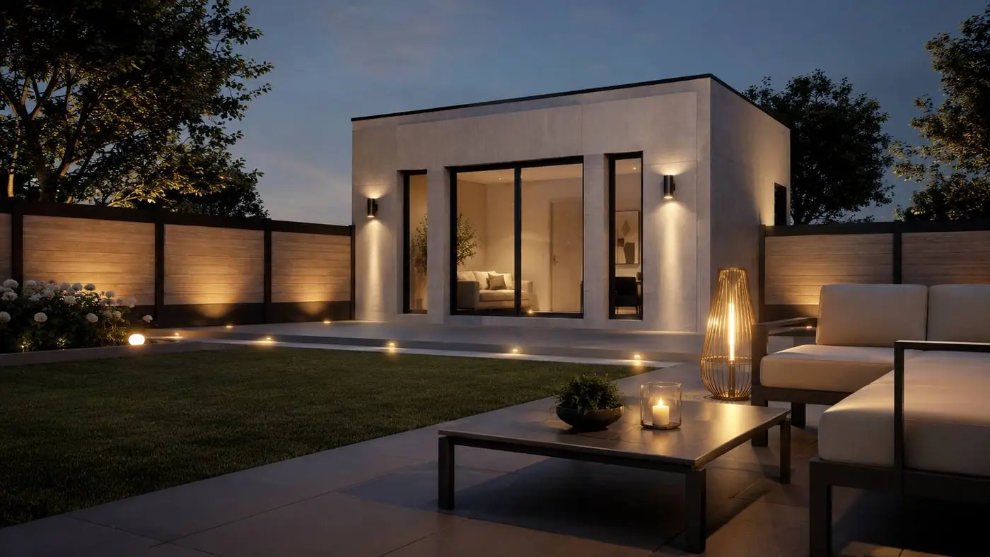 Studio de jardin cubique à toit plat, façade minérale et grande baie vitrée, vu depuis un salon de terrasse à la tombée de la nuit